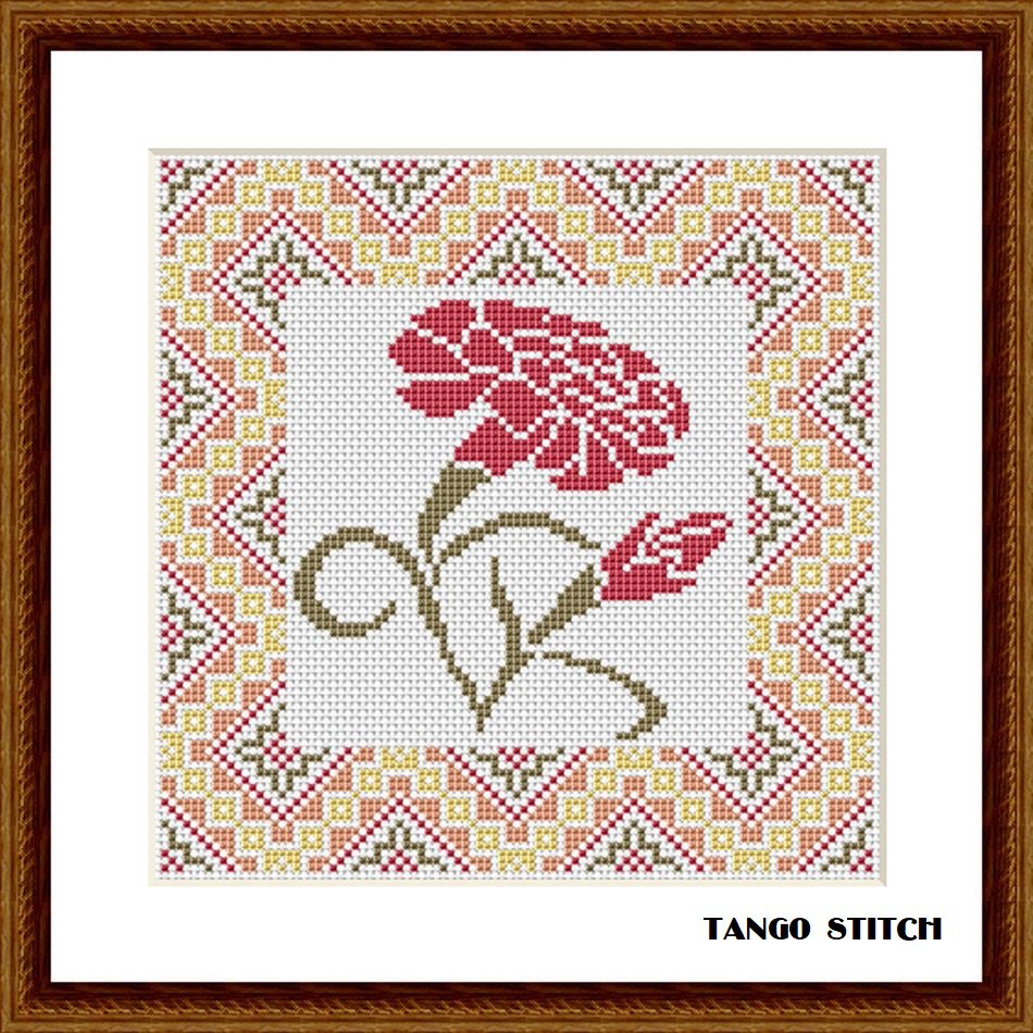 Carnation red flower Art Nouveau vintage cross stitch pattern