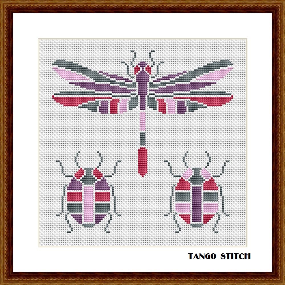 Dragonfly beetle cute animals stained glass cross stitch embroidery