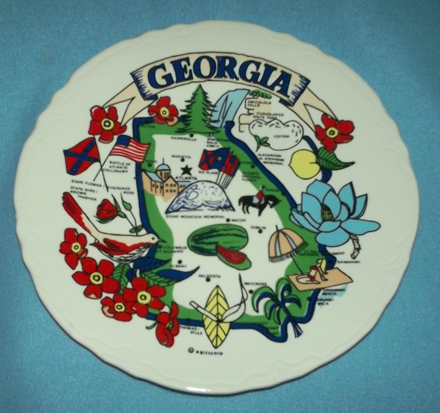 Vintage STATE OF Souvenir Plate COLORFUL w/GA sites