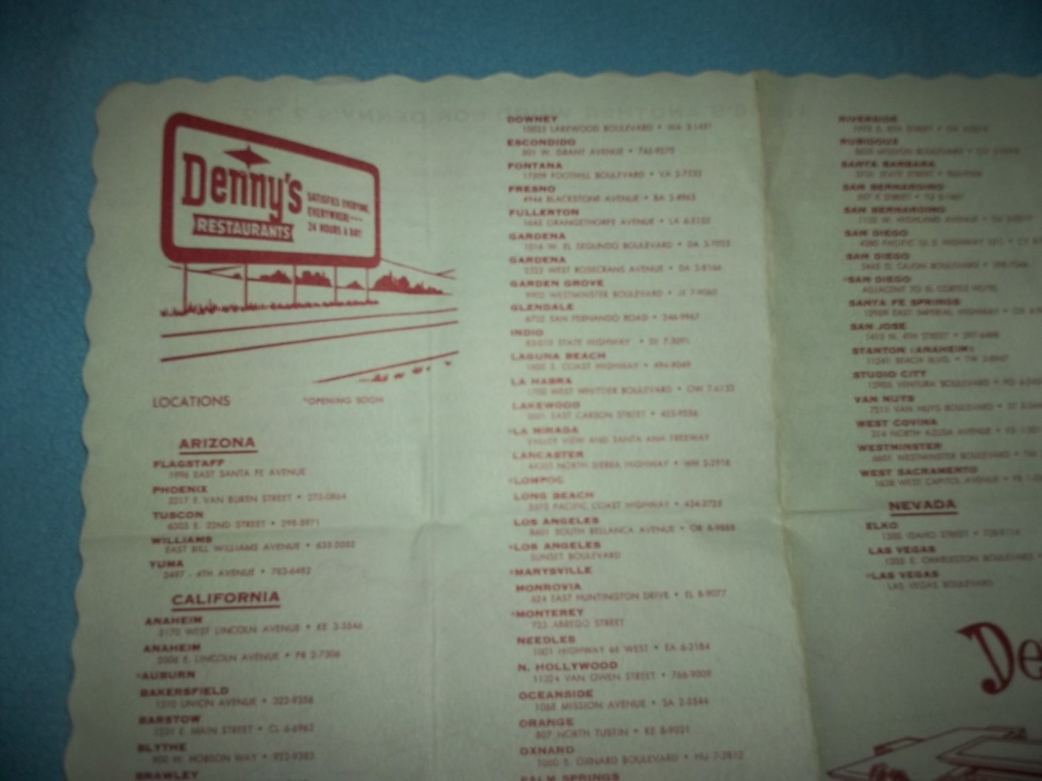 Vintage DENNY'S RESTAURANT Placemat BROCHURE 60s Map LOCATIONS