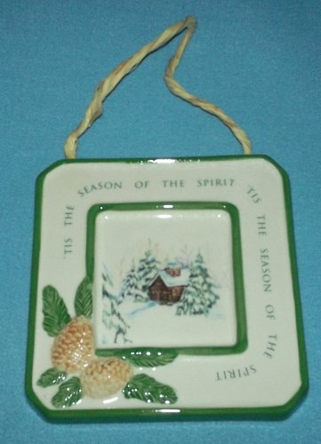 Decorative Christmas Tile Cottage And Pinecones Raffia Hanger New