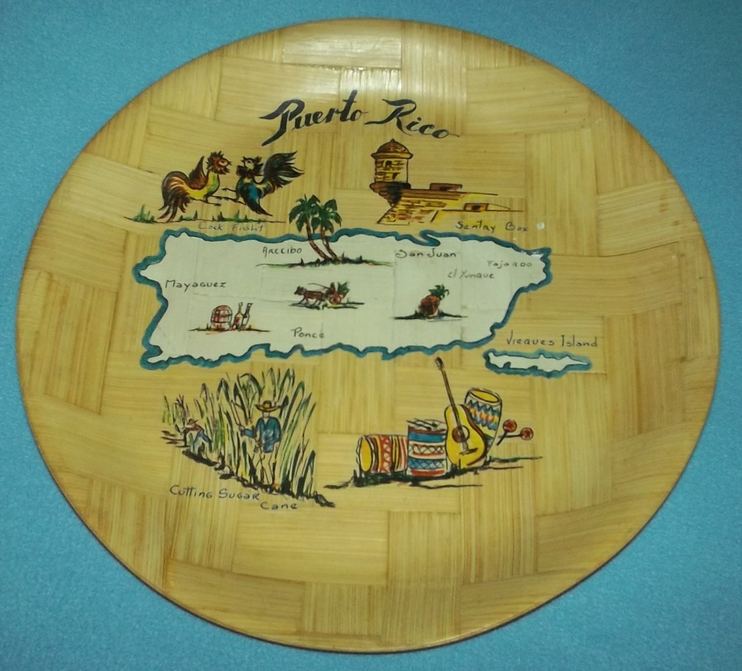 Vintage PUERTO RICO Souvenir BAMBOO Plate MAP Retro SUGAR CANE El