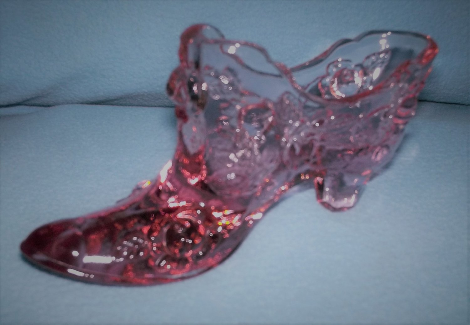 Vintage FENTON ART GLASS Slipper Shoe DELICATE PINK ROSES Oval Mark LOVELY