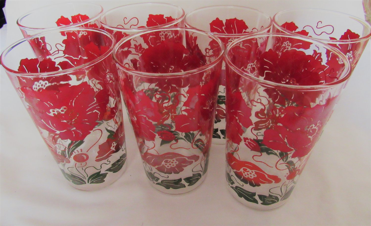 Vintage PEANUT BUTTER PREMIUM Glasses TUMBLERS Set 7 Colorful Red Flowers
