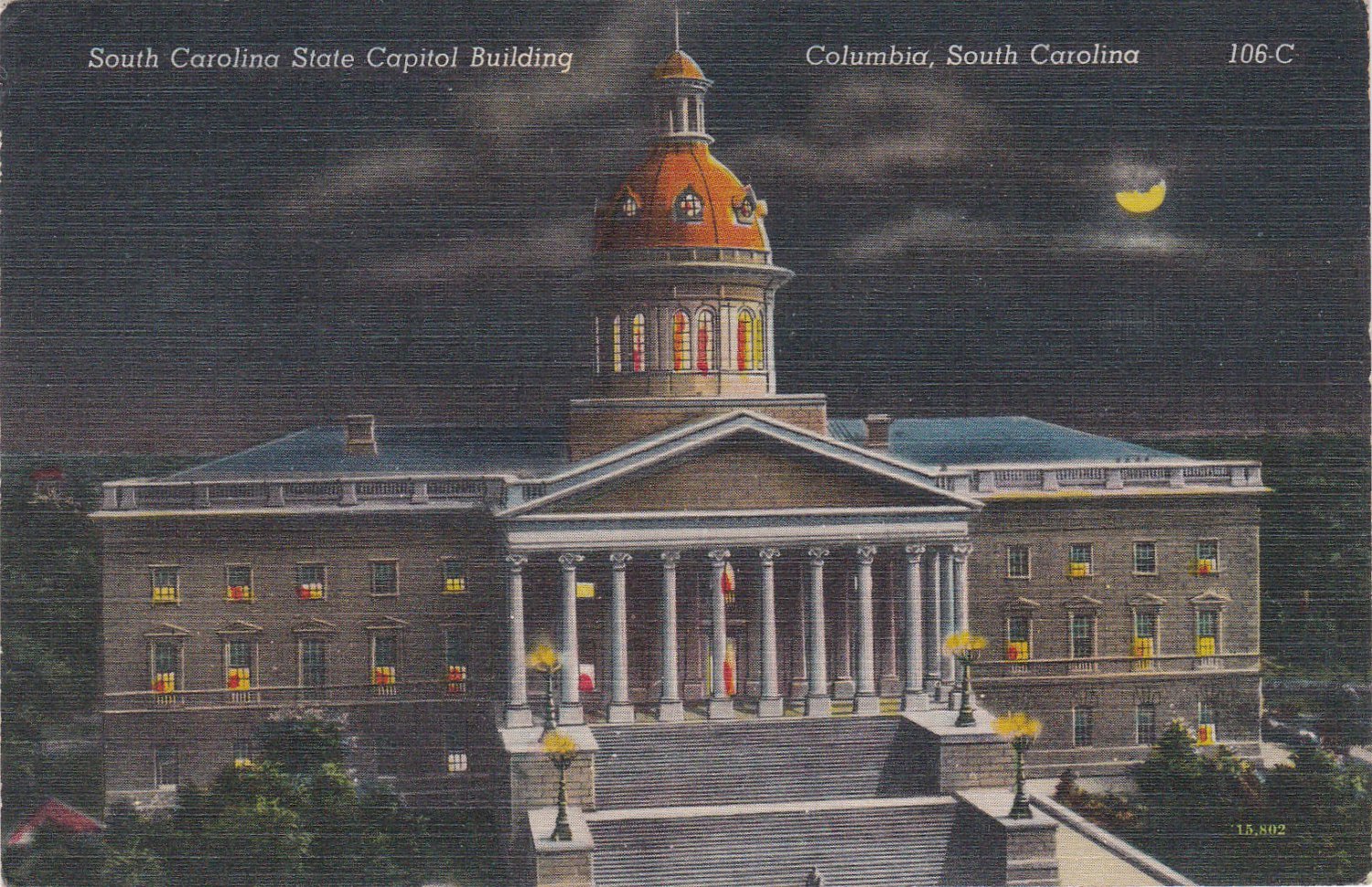 Vintage State Capitol Building At Night, Columbia Sc Postcard Linen