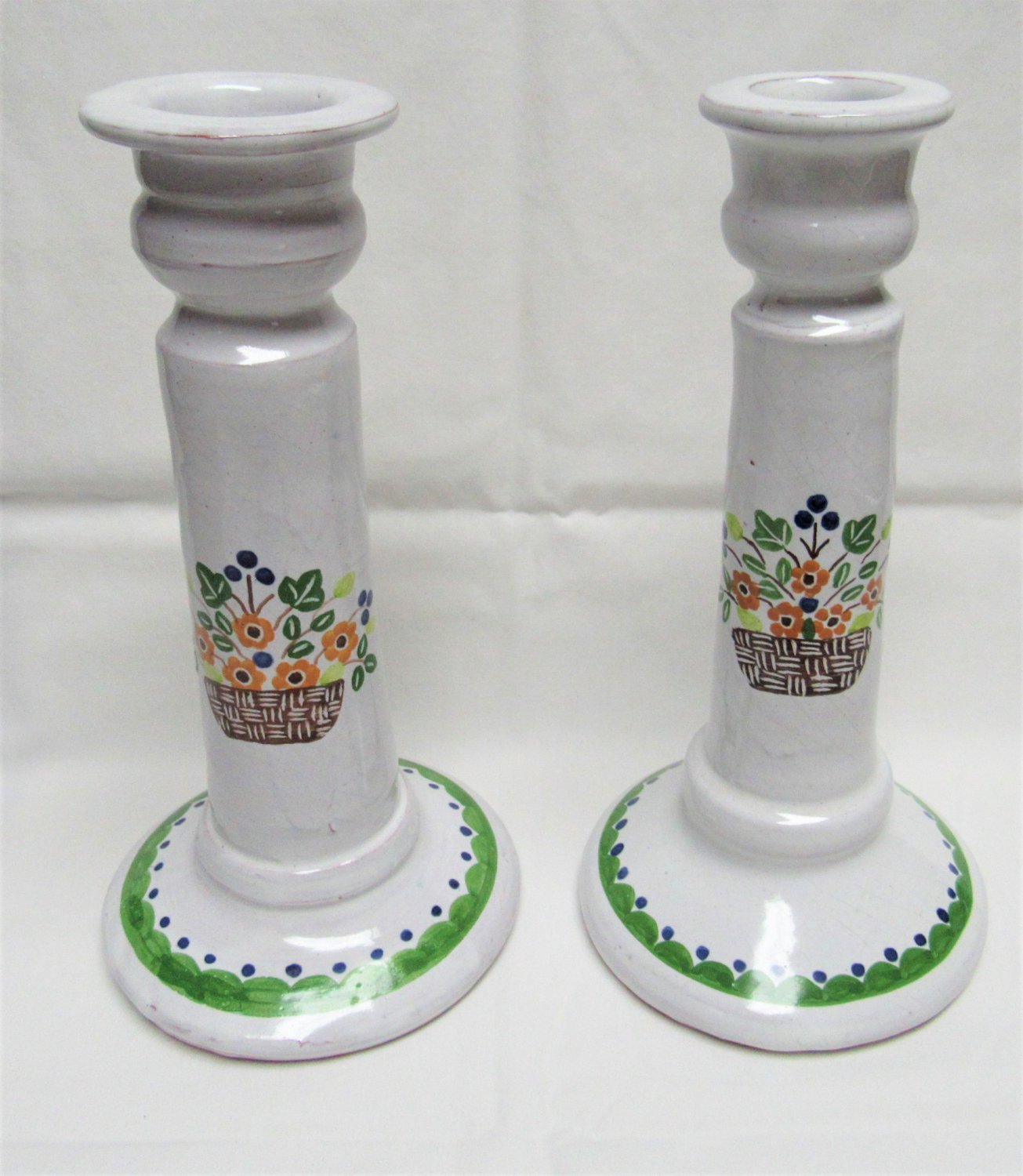 Vintage PORTUGAL POTTERY Hand Painted REDWARE CANDLE HOLDERS Set Flower