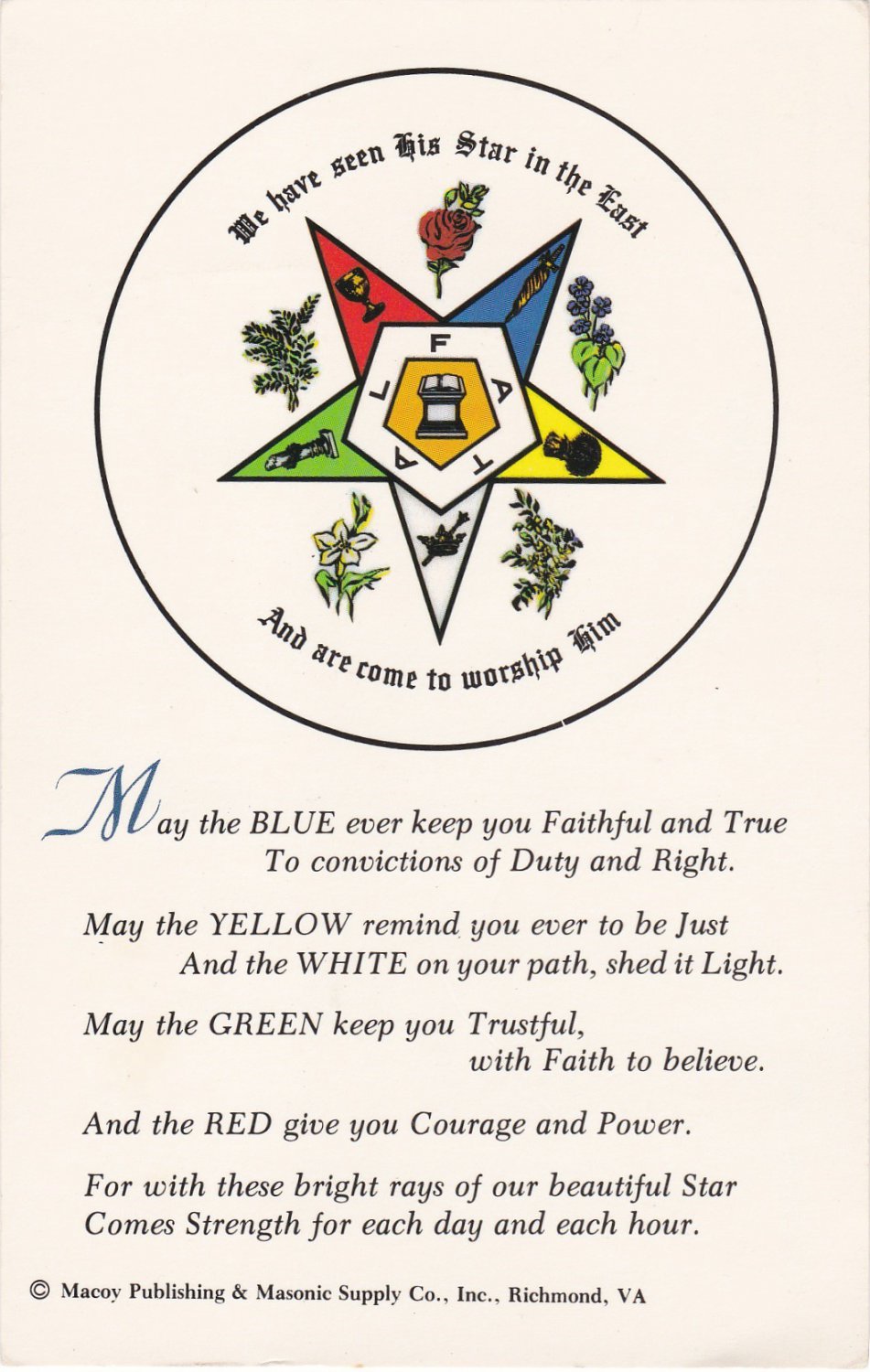 Vintage Order Of The Eastern Star Masonic Postcard 5 Point Star Poem
