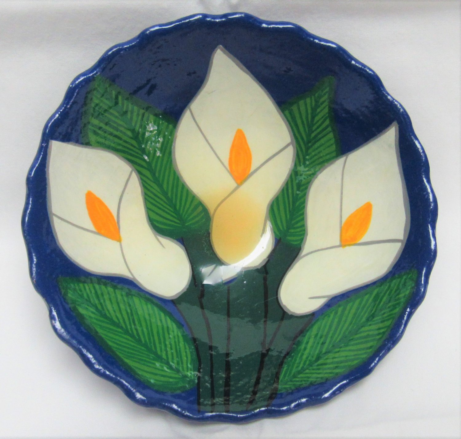 Vintage MEXICAN POTTERY Bowl HAND PAINTED TULIP CALLA LILY Design FOOTED