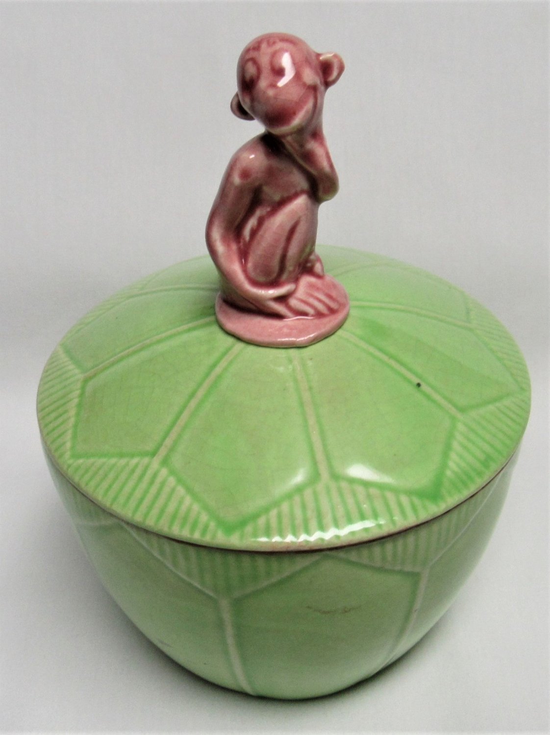 Vintage GERMAN TRINKET POWDER VANITY BOX Pink Monkey Pottery Green/Pink