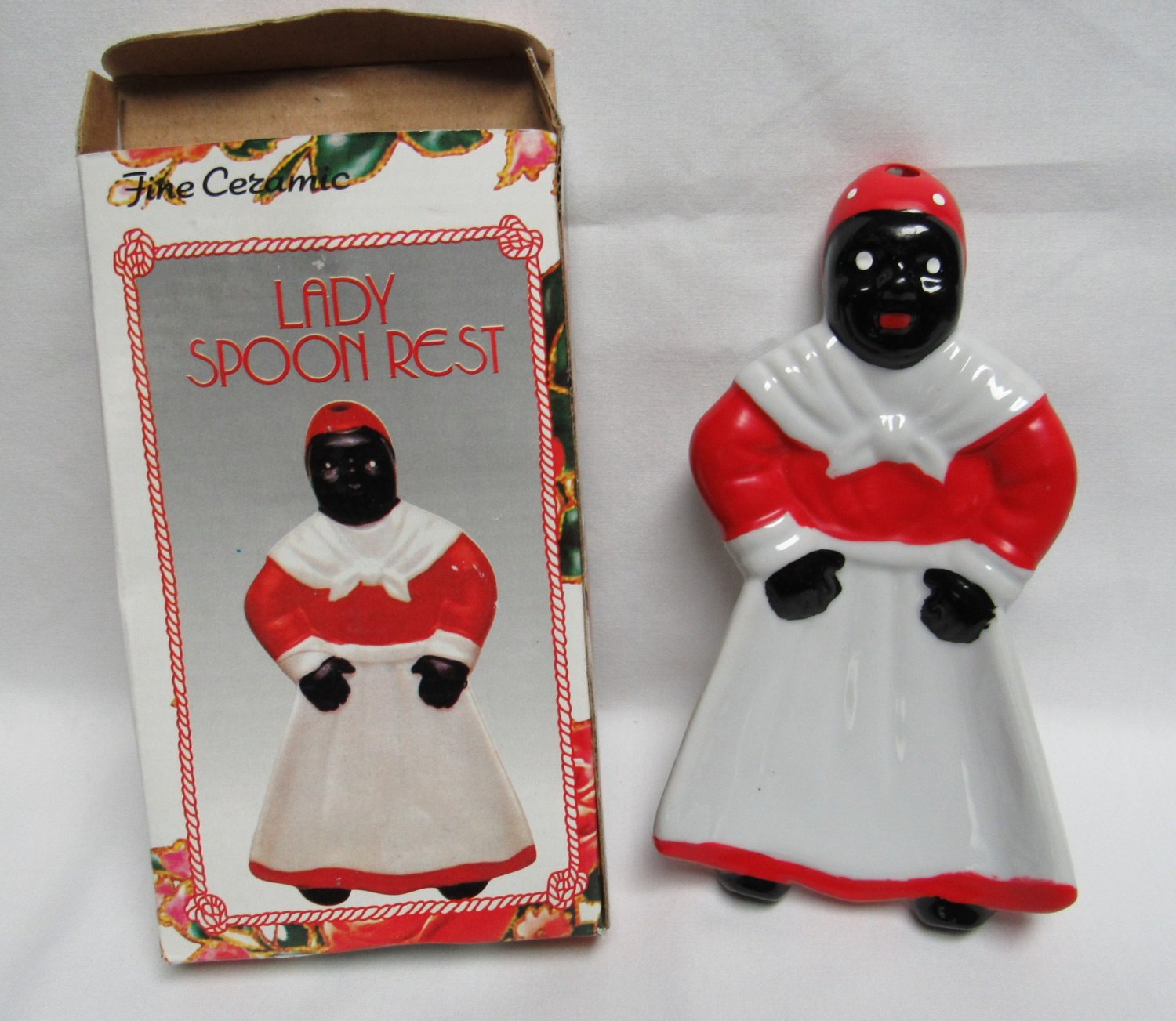 Black Americana LADY SPOON REST Red/White Dress CERAMIC VINTAGE In Box