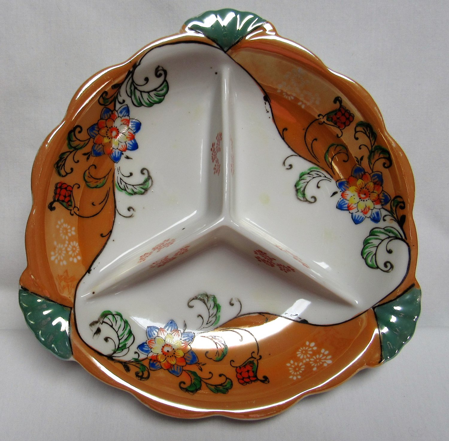 Vintage JAPAN LUSTER WARE 3 SECTION DIVIDED Tab DISH Red Mark MIJ Flowers LUSTREWARE