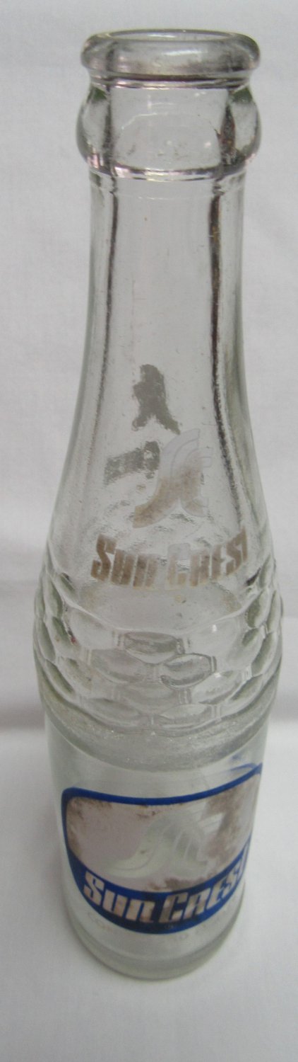 Vintage SUN CREST COLA Glass BOTTLE 10 oz. Soda Blue White Pyro REFRESHES YOU BEST