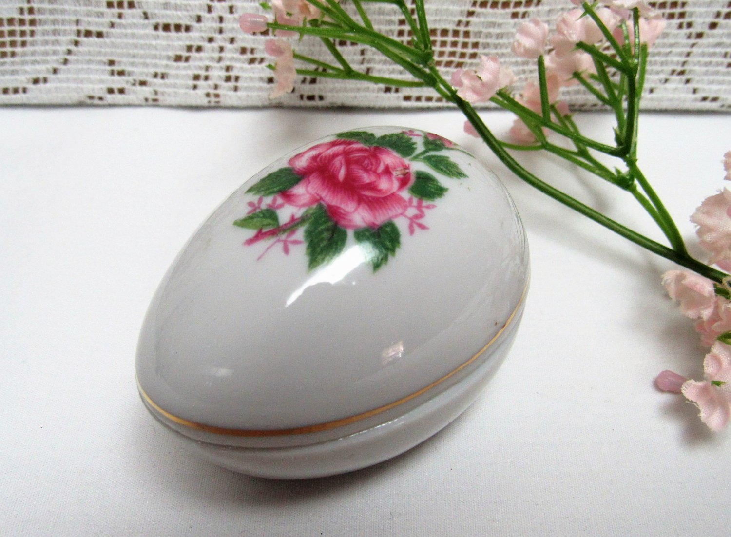 Vintage EGG SHAPE Porcelain Trinket Box Gold Trim SRG Japan Pink Rose Vanity Box