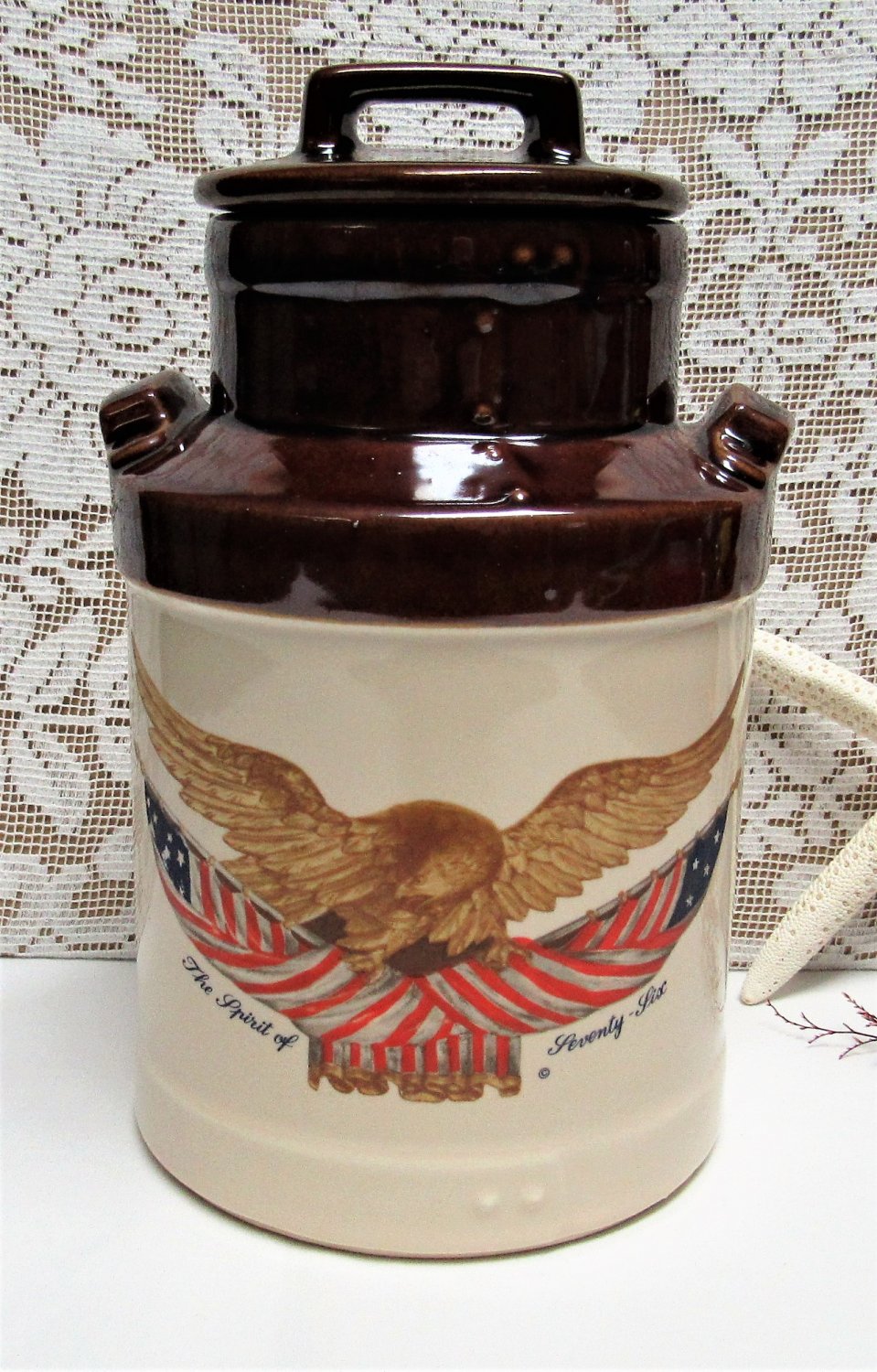 Vintage McCOY POTTERY Wooden Eagle Canister Cookie Jar SPIRT OF 76 Bicentennial Patriotic