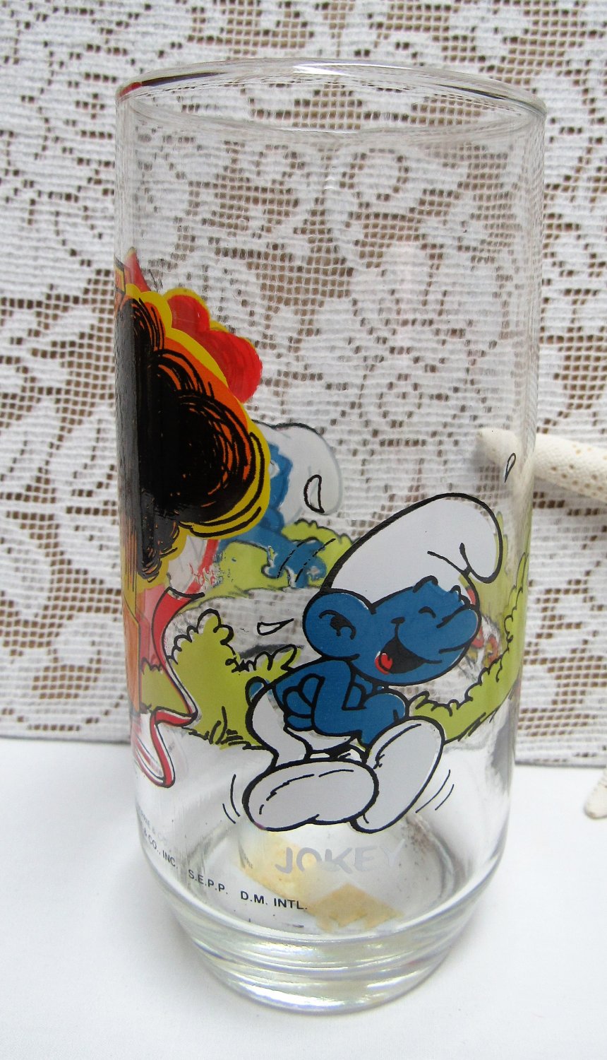 Vintage THE SMURFS Cartoon Promo Glass JOKEY SMURF Peyo 1982 Wallace Berrie