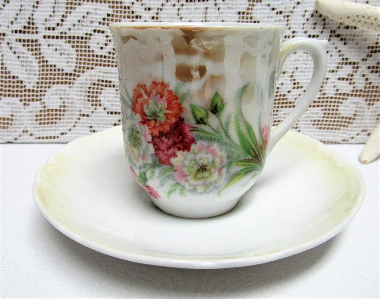 Vintage GERMANY LUSTREWARE Bone China CUP SAUCER SET Floral Hand-Painted