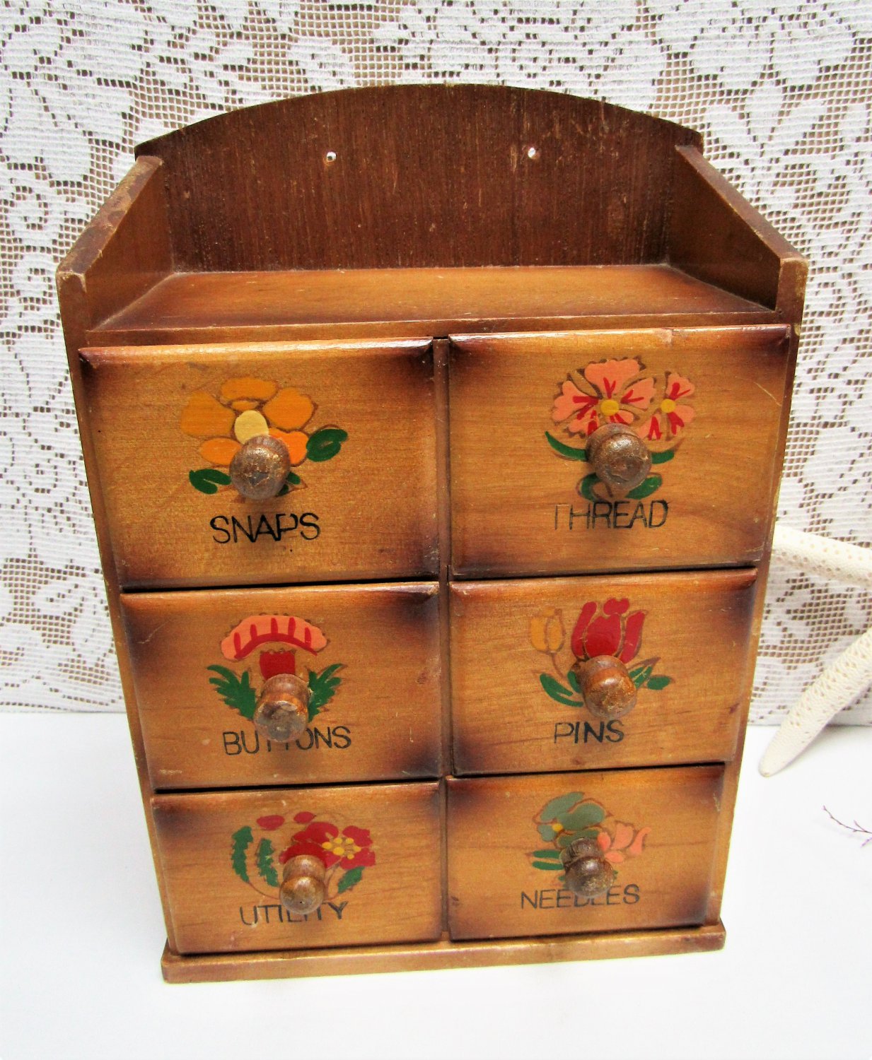 Vintage WOODEN SEWING BOX Made in Japan Notions 6 Drawers SEWING