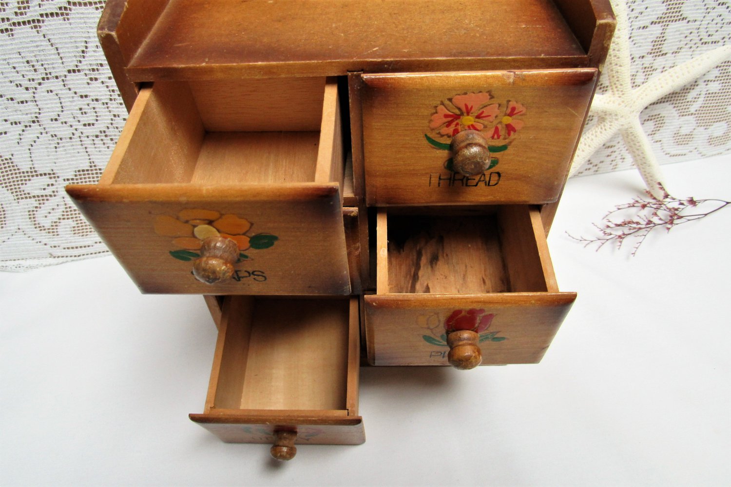 Vintage WOODEN SEWING BOX Made in Japan Notions 6 Drawers SEWING ORGANIZER