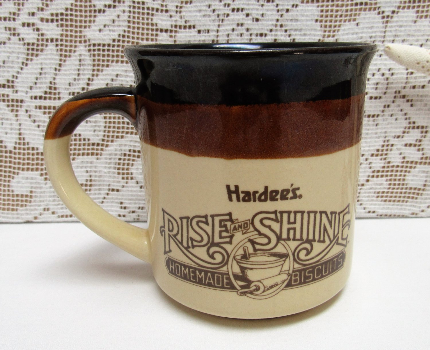 Vintage HARDEE'S RISE and SHINE Advertising Coffee MUG 1989 Brown Beige