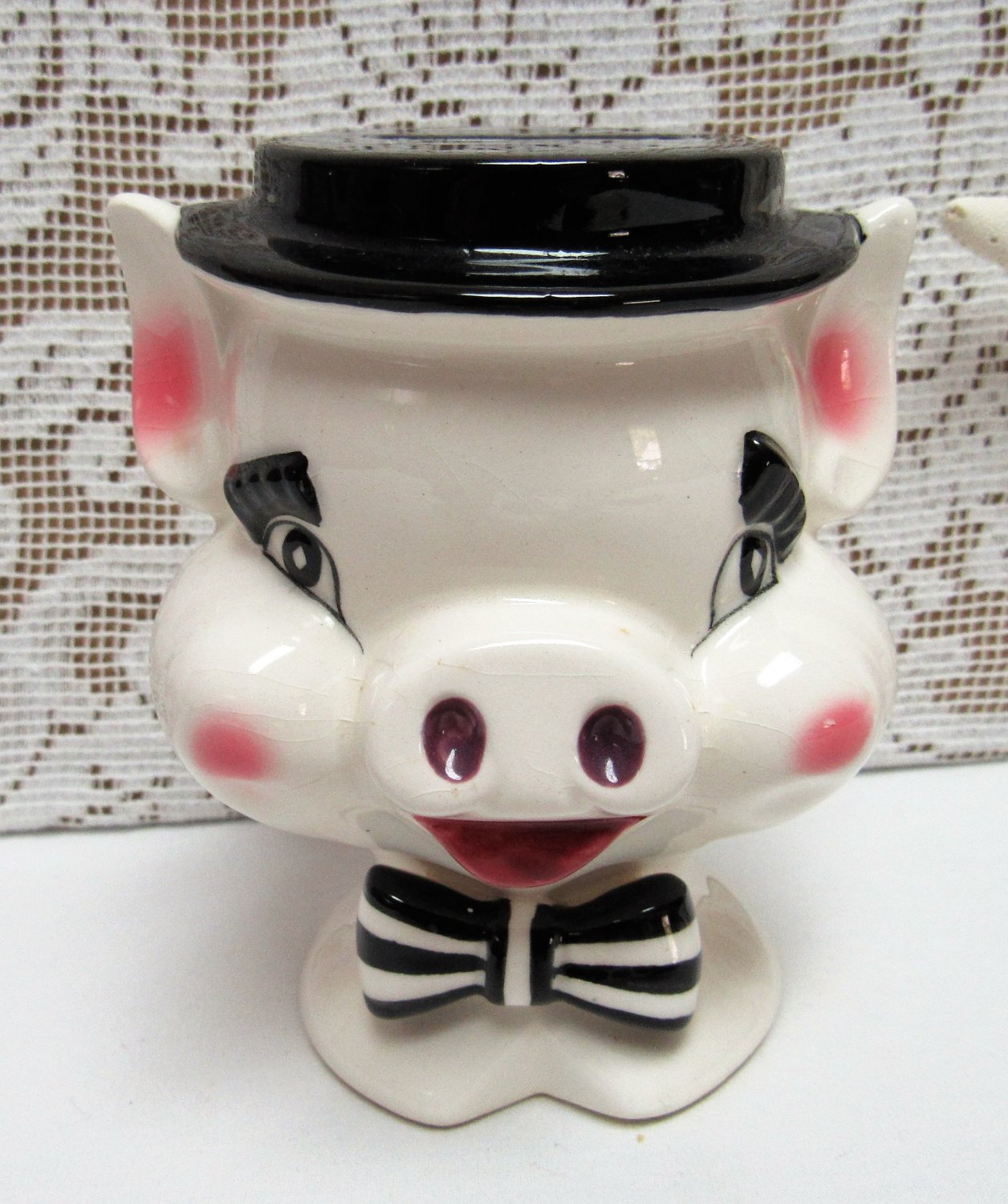 Vintage Smiling PIG FACE BANK Black White Bow Tie Hat JAPAN Piggy Piggie