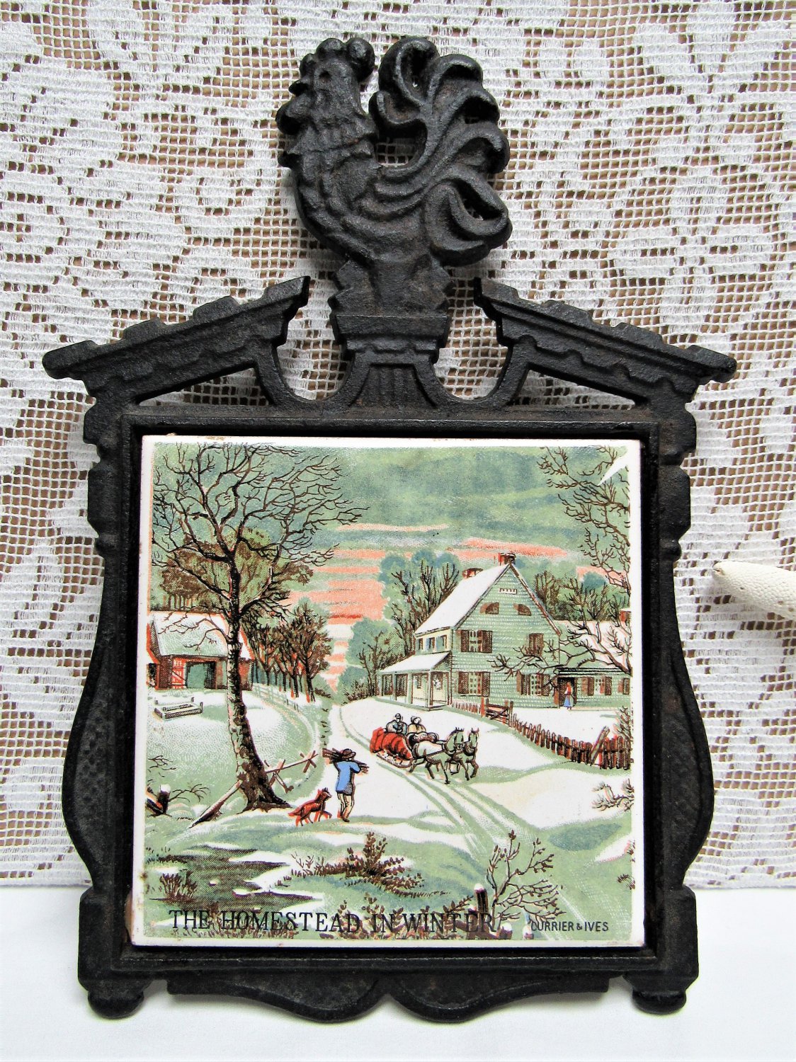 Vintage CURRIER & IVES Tile Trivet HOMESTEAD IN WINTER Made in Japan 60s Rooster Top