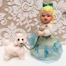 Vintage GIRL with POODLE DOG Chain Figurine Made in Japan Blue Dress Bisque Poodle