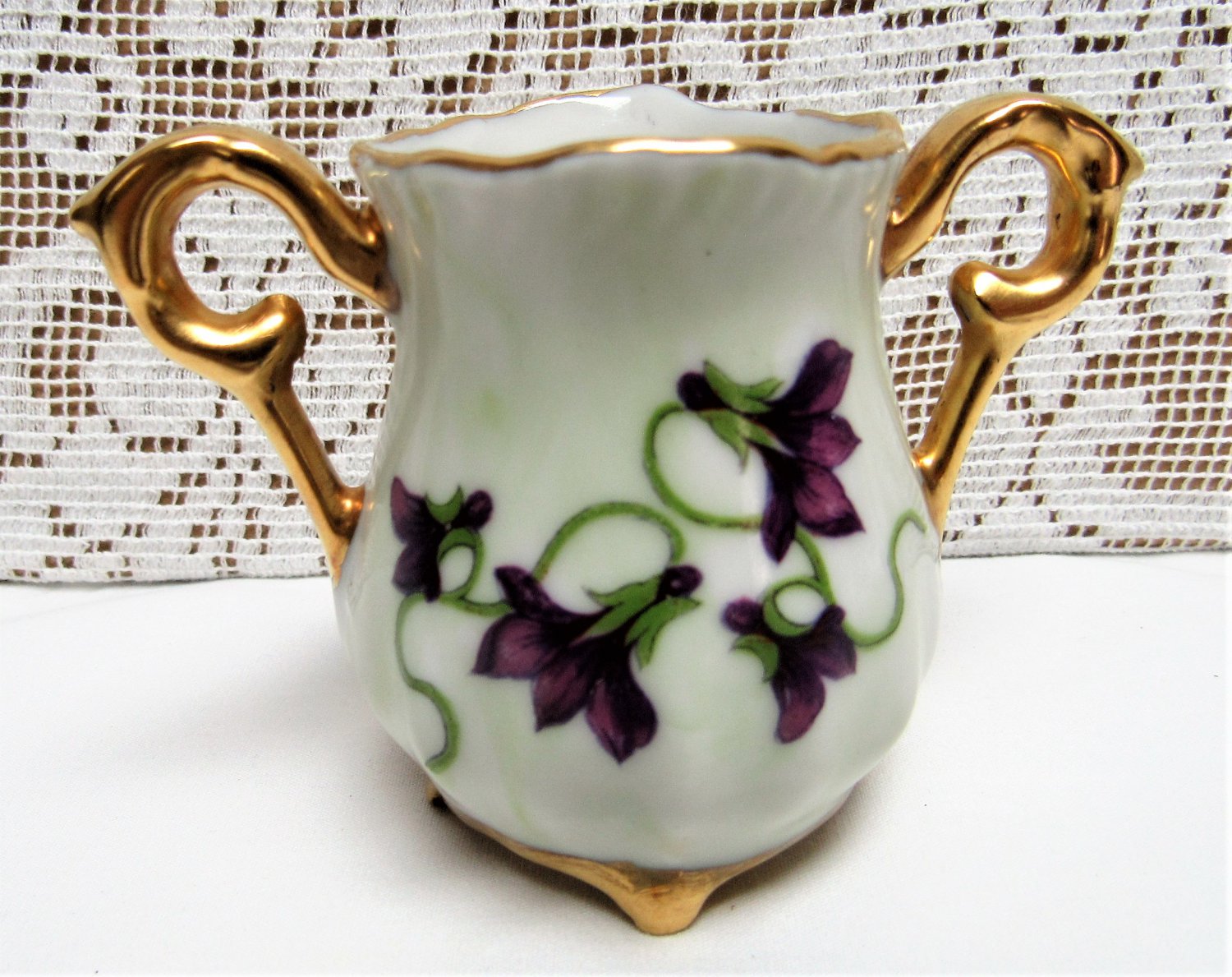 Vintage GOLD HANDLED AFRICAN VIOLETS Footed Vase TOOTHPICK HOLDER Tobi Porcelain
