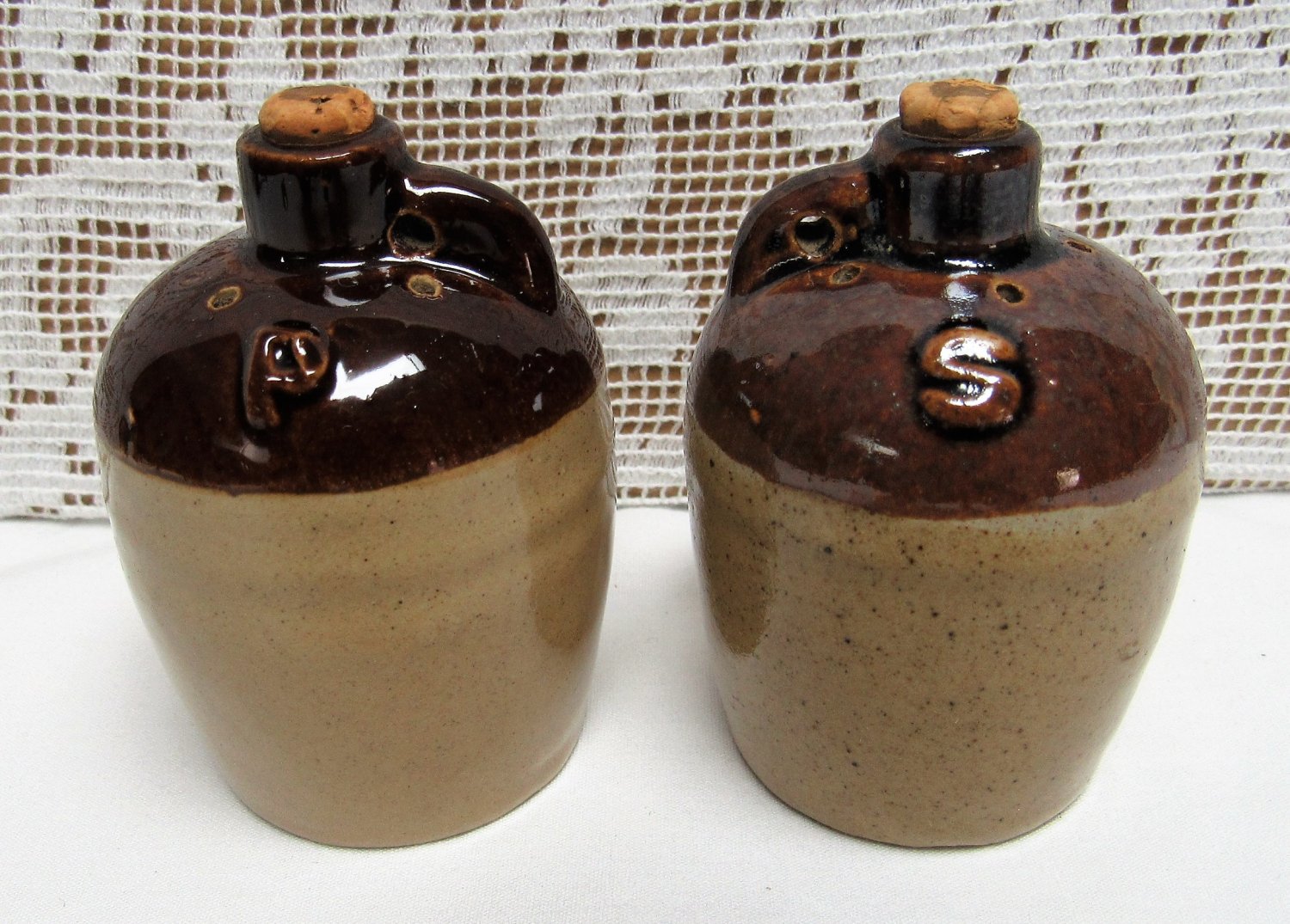 Vintage BROWN MINI WHISKY JUG SALT PEPPER SHAKERS Brown Stoneware Jugs