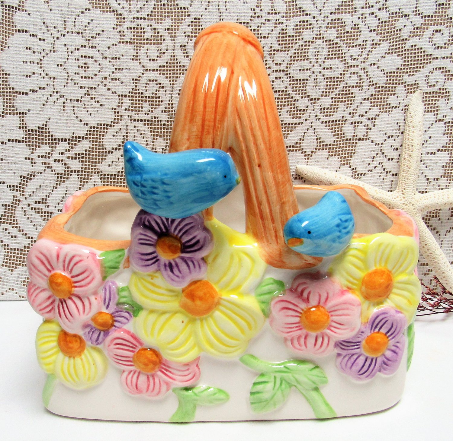 Vintage TELEFLORA GIFT Ceramic Basket BLUEBIRDS FLOWERS Made in Thailand