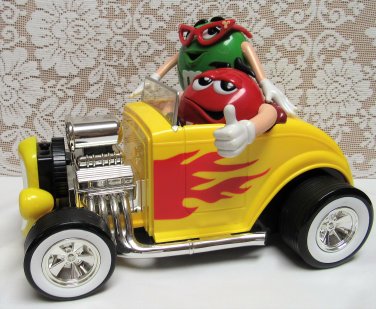 M&Ms Yellow Hot Rod Roadster Candy Dispenser w/Red and Green M&M  Characters