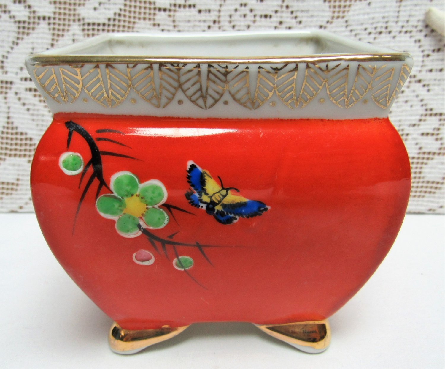 Vintage GOLD CASTLE Small Square MADE IN JAPAN Planter Footed Orange