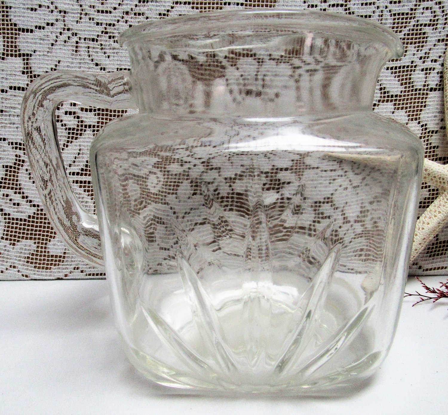 Vintage Large Heavy Clear Glass Half Gallon PITCHER with 10 Wide Panel Rib  Side