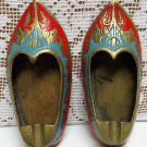 Vintage BRASS ASHTRAY SHOE SLIPPER Set of 2 Enameled Blue and Red Pair INDIA? JAPAN? Mid Century