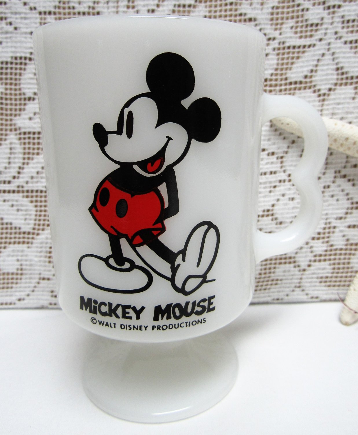 Vintage 70s Milk Glass Walt Disney Mickey Mouse Pedestal Coffee Mug 