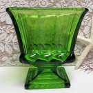 Vintage INDIANA GLASS Avocado GREEN OLIVE GLASS Pedestal Vase Planter RIBBON DESIGN
