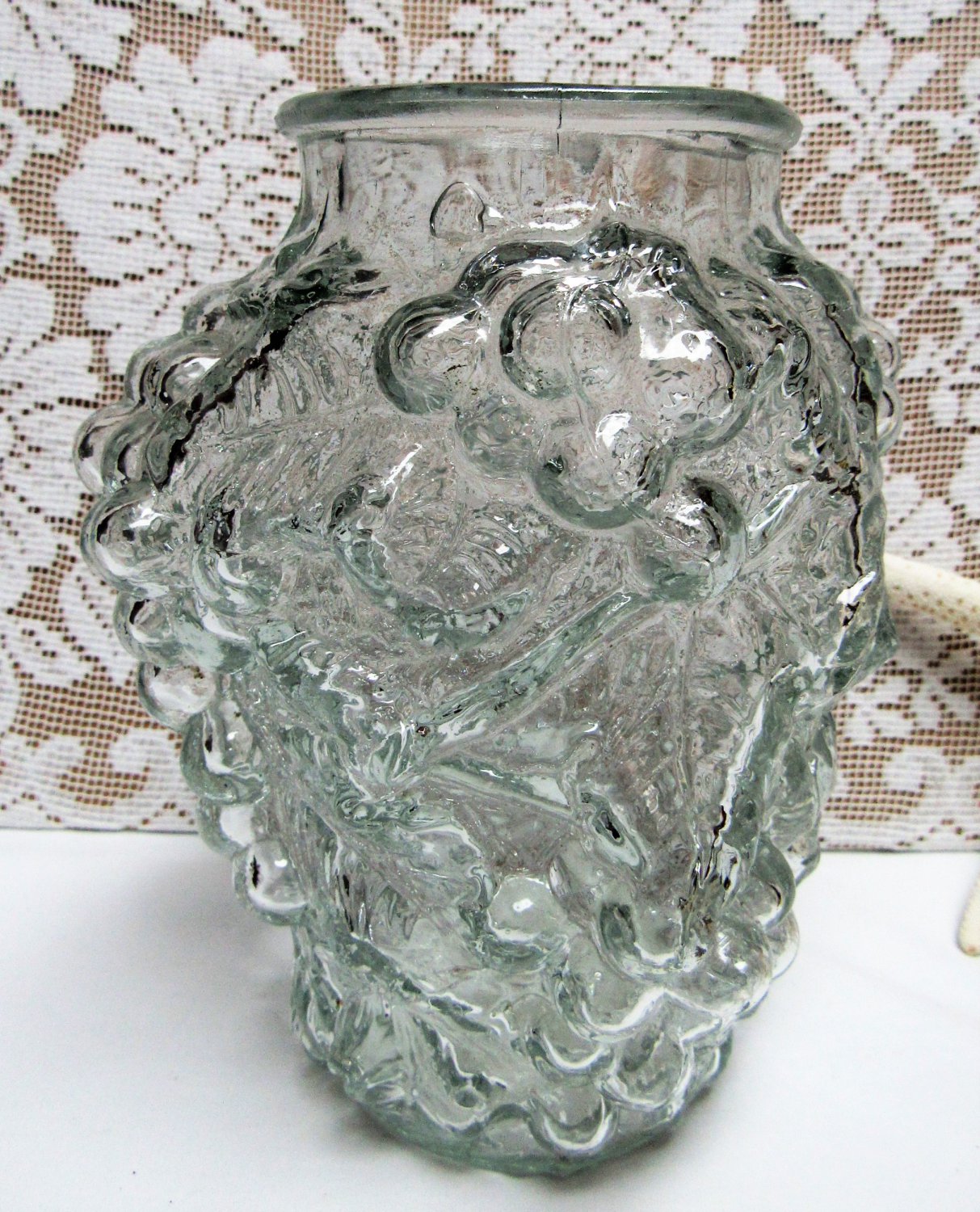 Vintage Antique GOOFUS GLASS Clear Vase Jar GRAPE CLUSTERS Raised Design Early 1900s