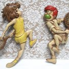 Vintage SEXTON METAL WALL PLAQUES Boy and Girl TENNIS Players 1975 Battle of the Sexes
