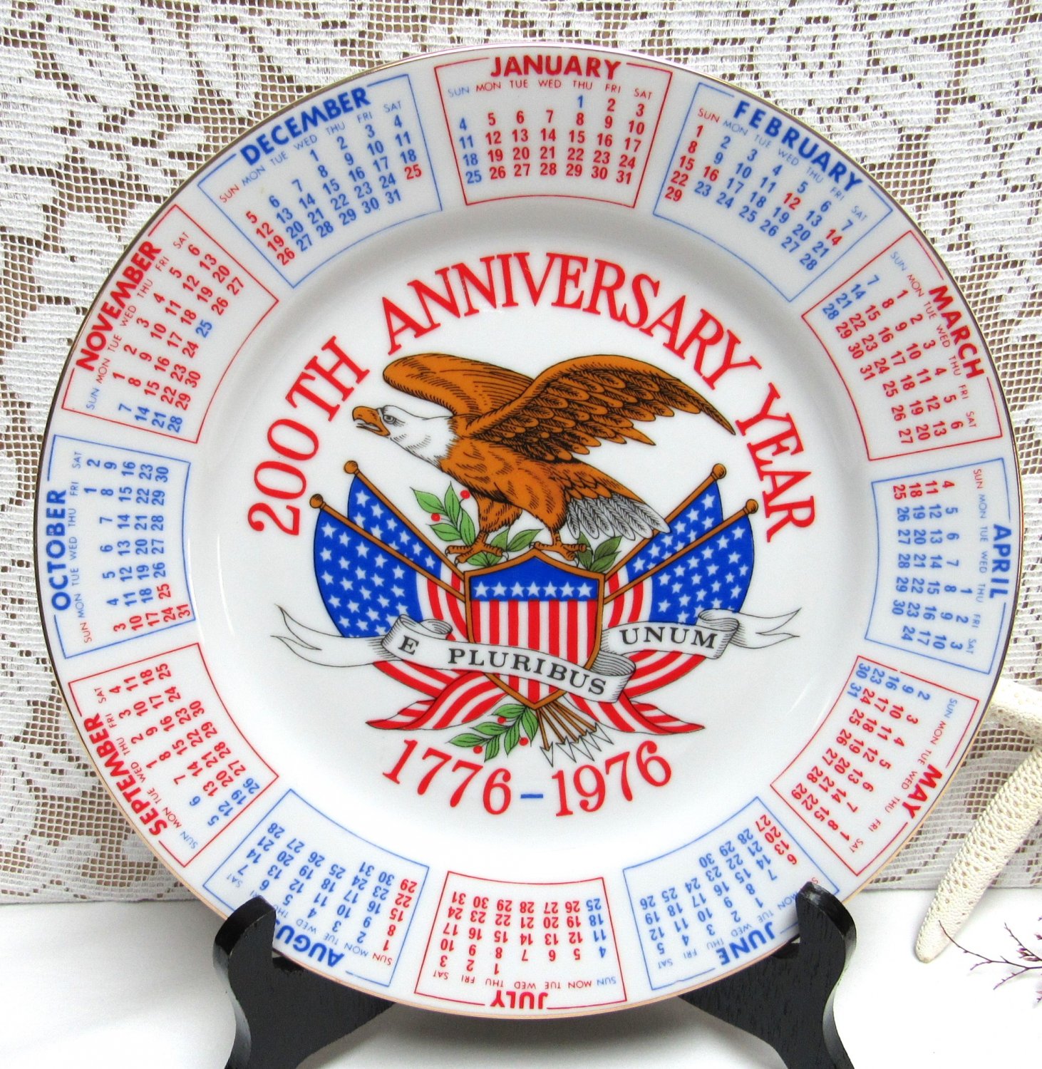 Vintage AMERICA BICENTENNIAL PLATE Eagle Calendar Flags 1975 Spencer Gifts Japan