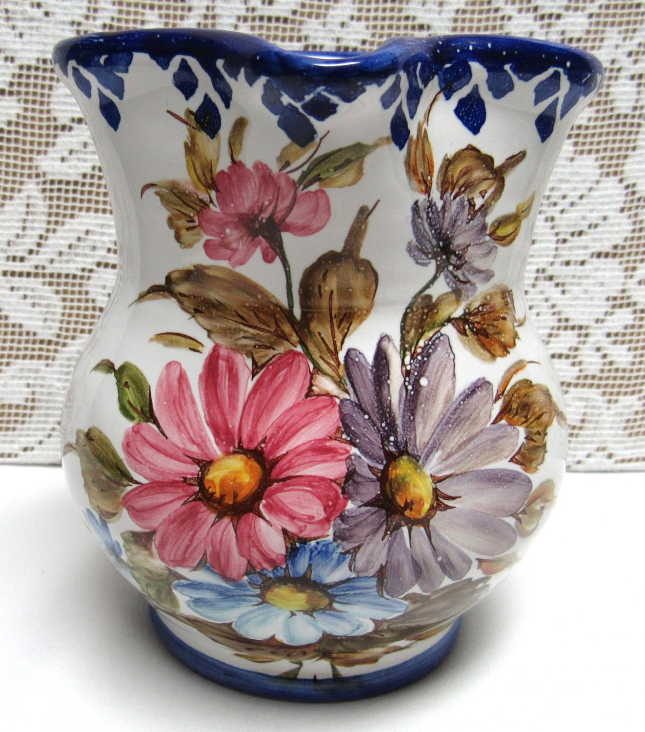 Vintage ITALY ART POTTERY Cream Pitcher Hand Painted Pink Purple Daisies Signed Italian Farmhouse