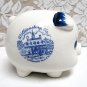 Vintage JAMESTOWN WILLIAMSBURG VIRGINIA Souvenir Piggy Bank Porcelain BLUE WHITE