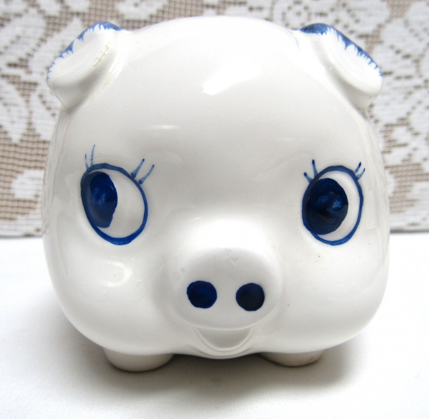 Vintage JAMESTOWN WILLIAMSBURG VIRGINIA Souvenir Piggy Bank Porcelain BLUE WHITE