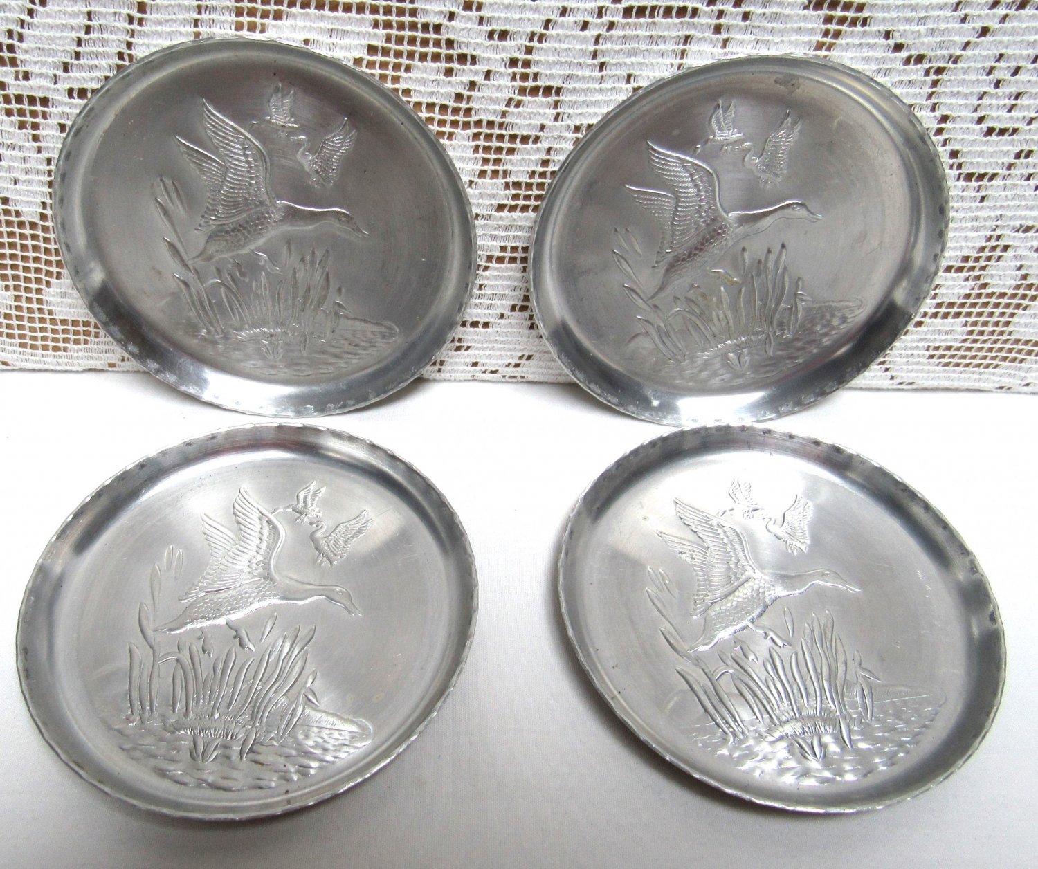 Vintage ALUMINUM Coaster Set of 4 Ducks Hunting Cattails 1960s Mid Century