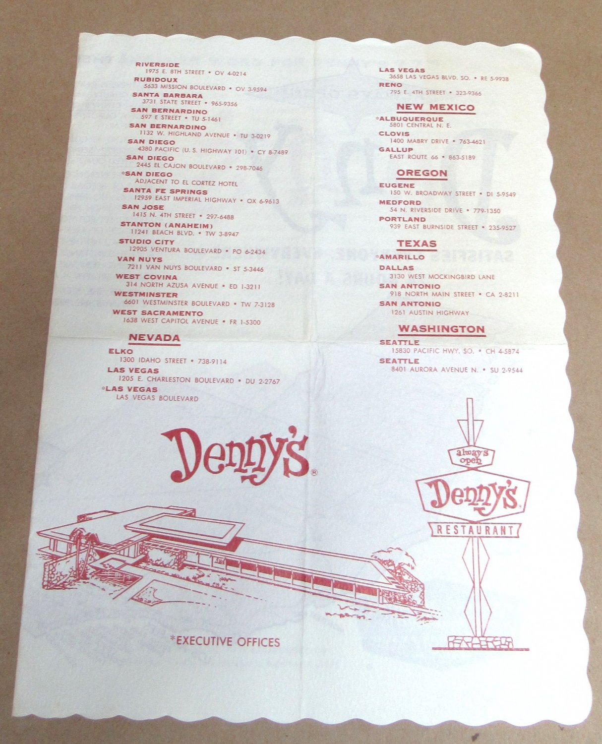 Vintage DENNY'S RESTAURANT Placemat BROCHURE 60s Map LOCATIONS