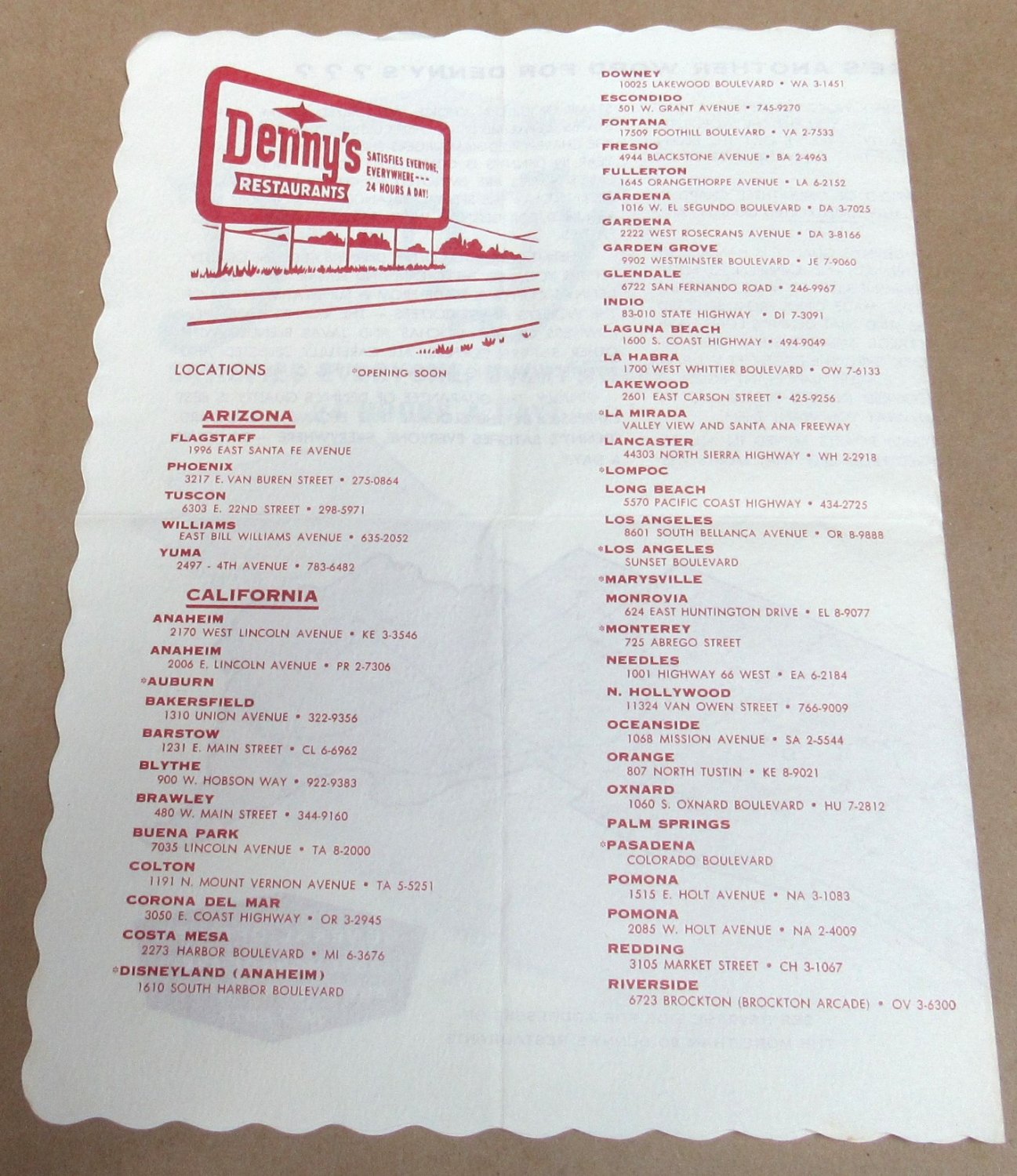 Vintage DENNY'S RESTAURANT Placemat BROCHURE 60s Map LOCATIONS