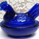 Vintage BLUE COBALT GLASS Covered Nesting Hen Chicken Small Country Farmhouse