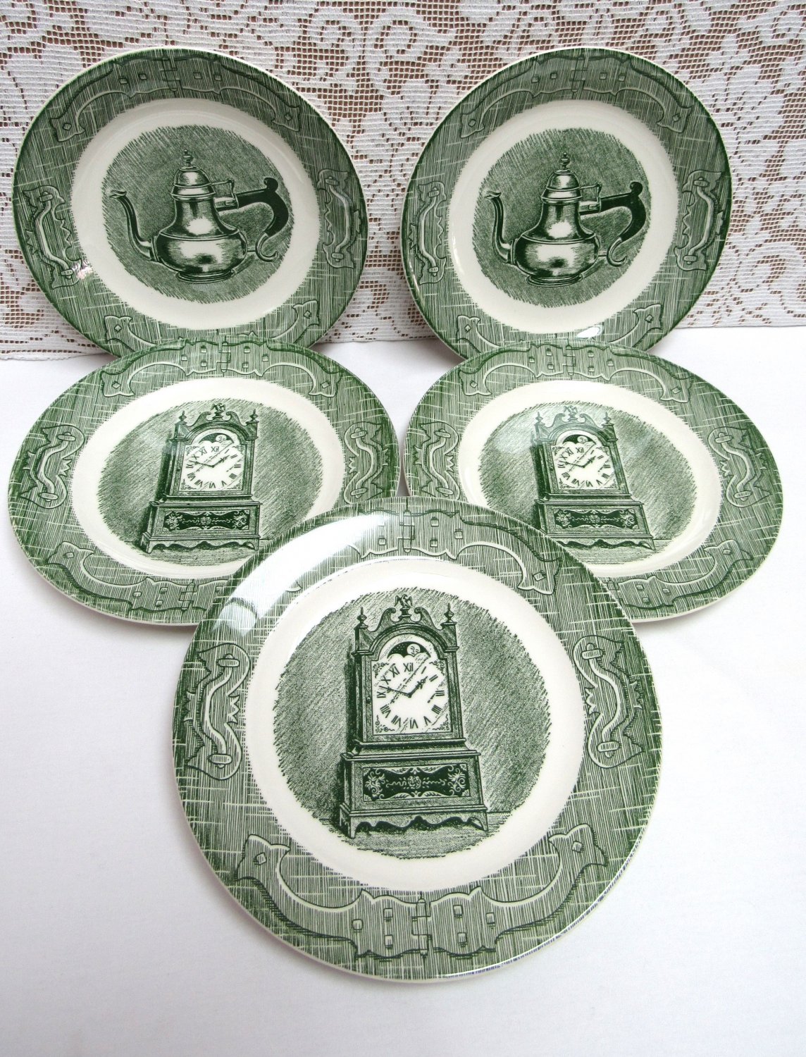 Vintage ROYAL CHINA CO. The Old Curiosity Shop Lot of 5 Saucers Green White USA