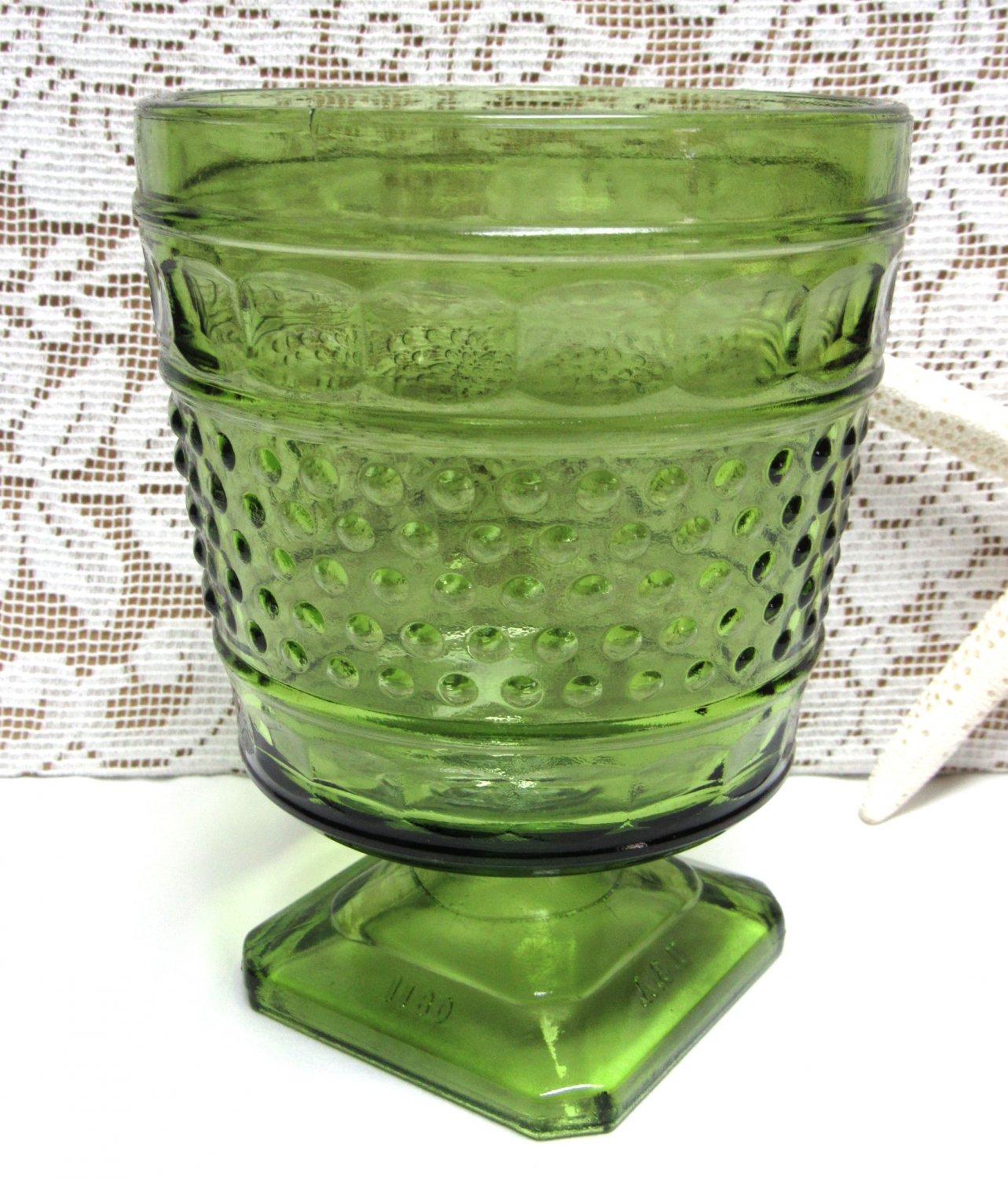 Vintage NAPCO Green GLASS Planter USA Hobnail Pedestal Goblet Candy Dish Vase 0811