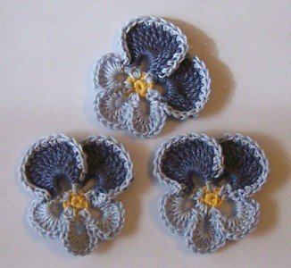 Lot of 3 Crochet Flowers - Dusty Blue Pansy
