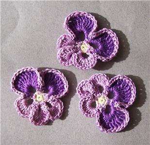 Lot of 3 Crochet Flowers - Lavender / Purple Pansy