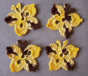 Lot of 4 Crochet Butterflies - Yellow & Brown - vintage rare color
